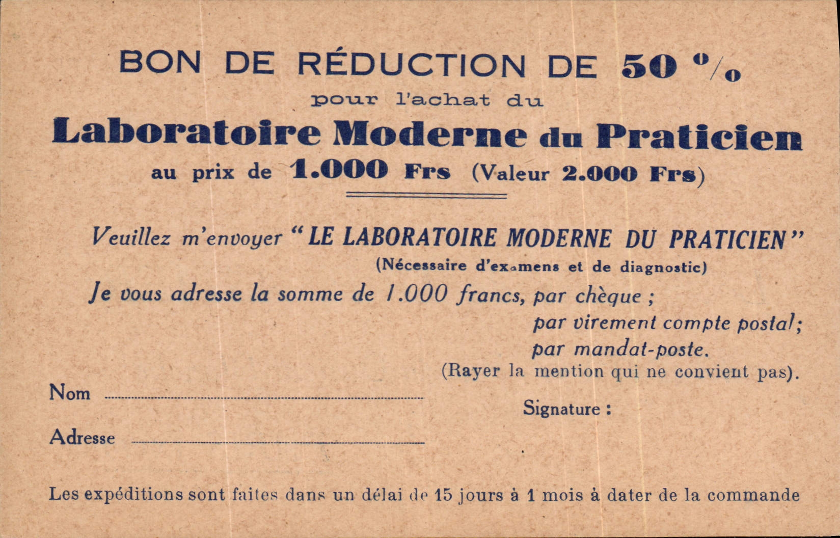 Postal Publicidad Bono de reducción del 50% Laboratorio Moderno del experto Astier Calle de Doctor Blanche 16.o París