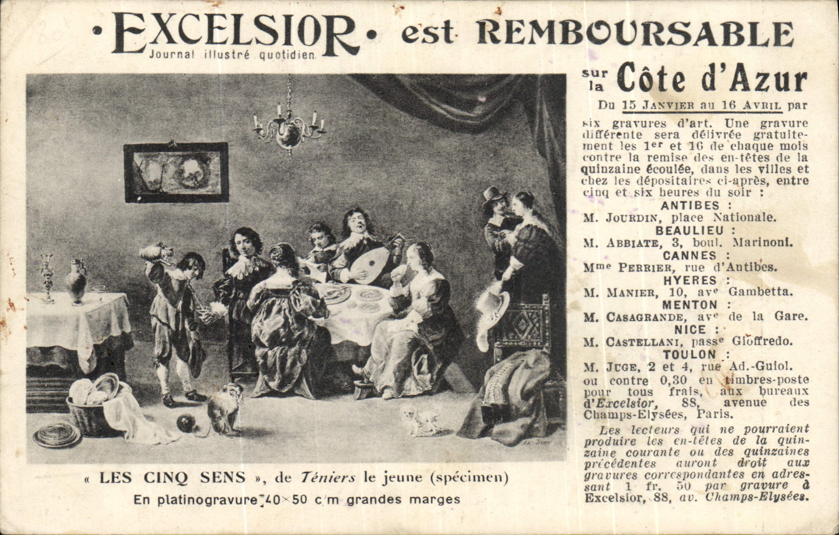 CPA Publicite Excelsior Cote D'Azur Les cinq sens de Teniers le jeune 