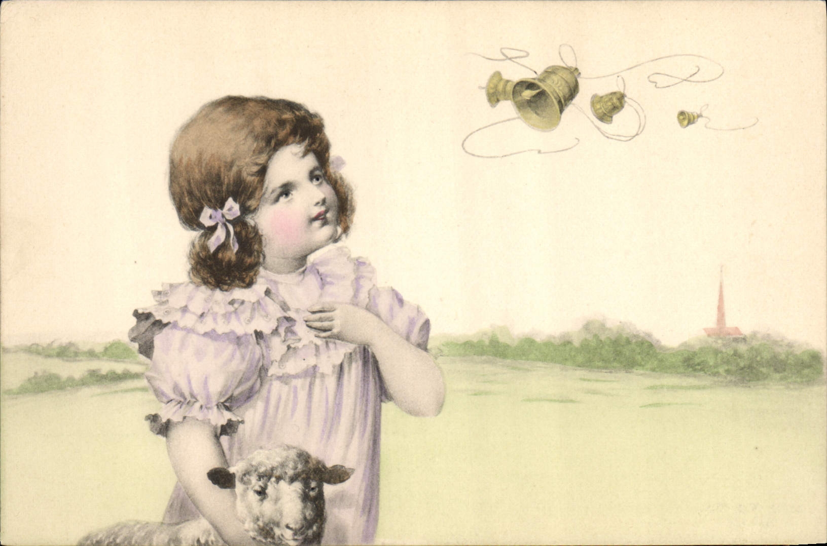 CPA Fantaisie Enfant Agneau Cloches 