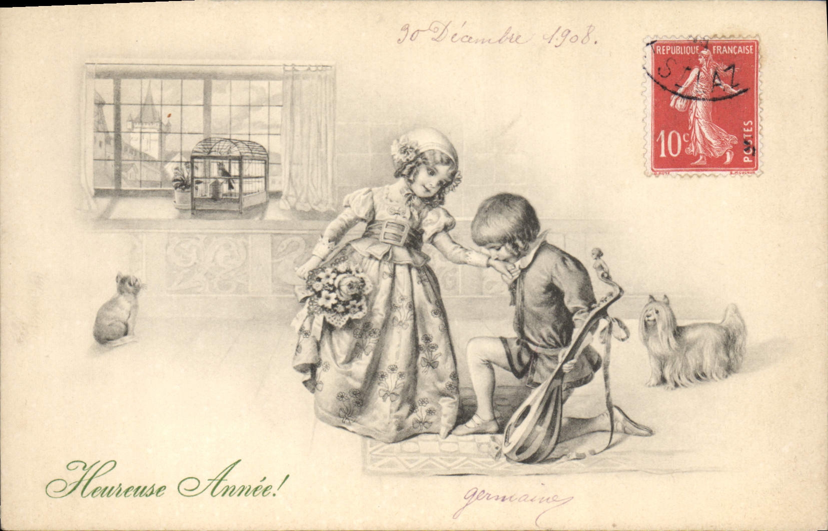 CPA Fantaisie Enfants Chien Chat Oiseau