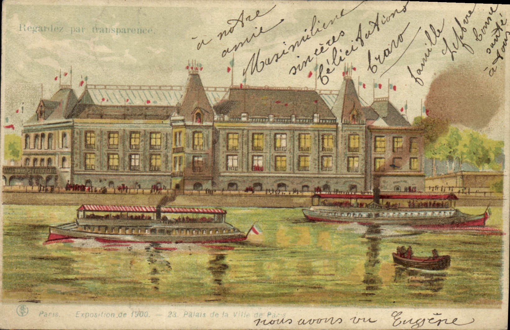 CPA Fantaisie Carte transparente Paris Exposition de 1900 Palais de la ville de Paris Bateaux