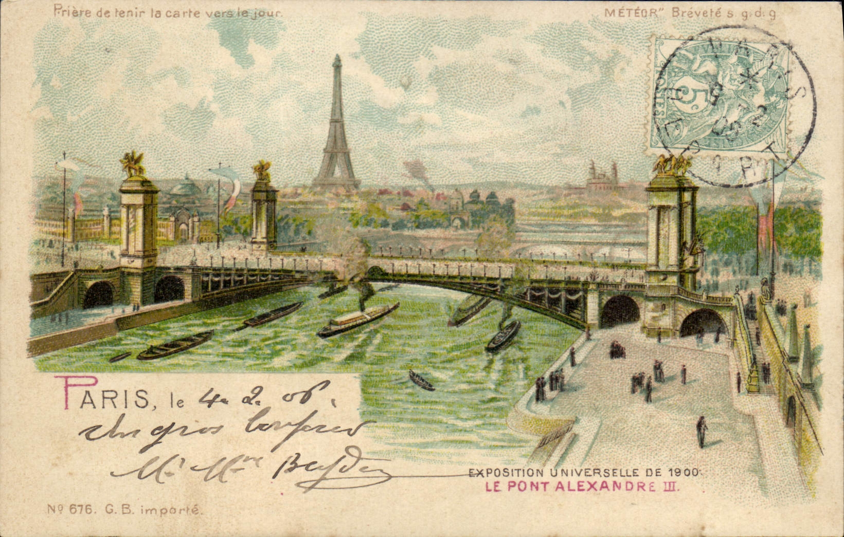 CPA Fantaisie Carte transparente Paris Exposition universelle de 1900 Le Pont Alexandre III Tour Eiffel