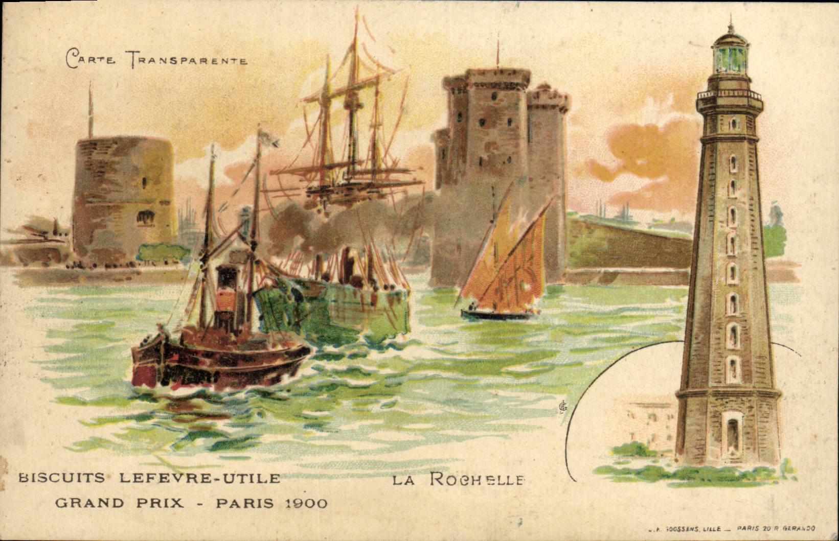CPA Fantaisie Carte transparente La Rochelle Biscuits Lefevre Utile Grand Prix 1900 Bateau Voilier Phare