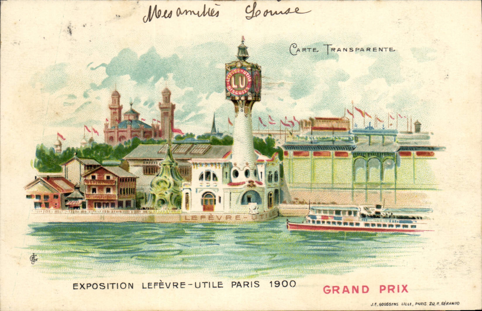 CPA Fantaisie Carte transparente Exposition Lefevre Utile Paris 1900 Grand Prix Bateau