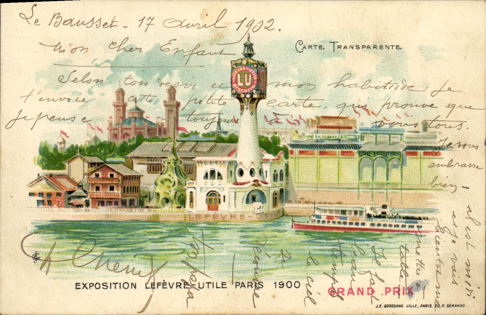CPA Fantaisie Carte transparente Exposition Lefevre Utile Paris 1900 Grand Prix Grand Prix Bateau
