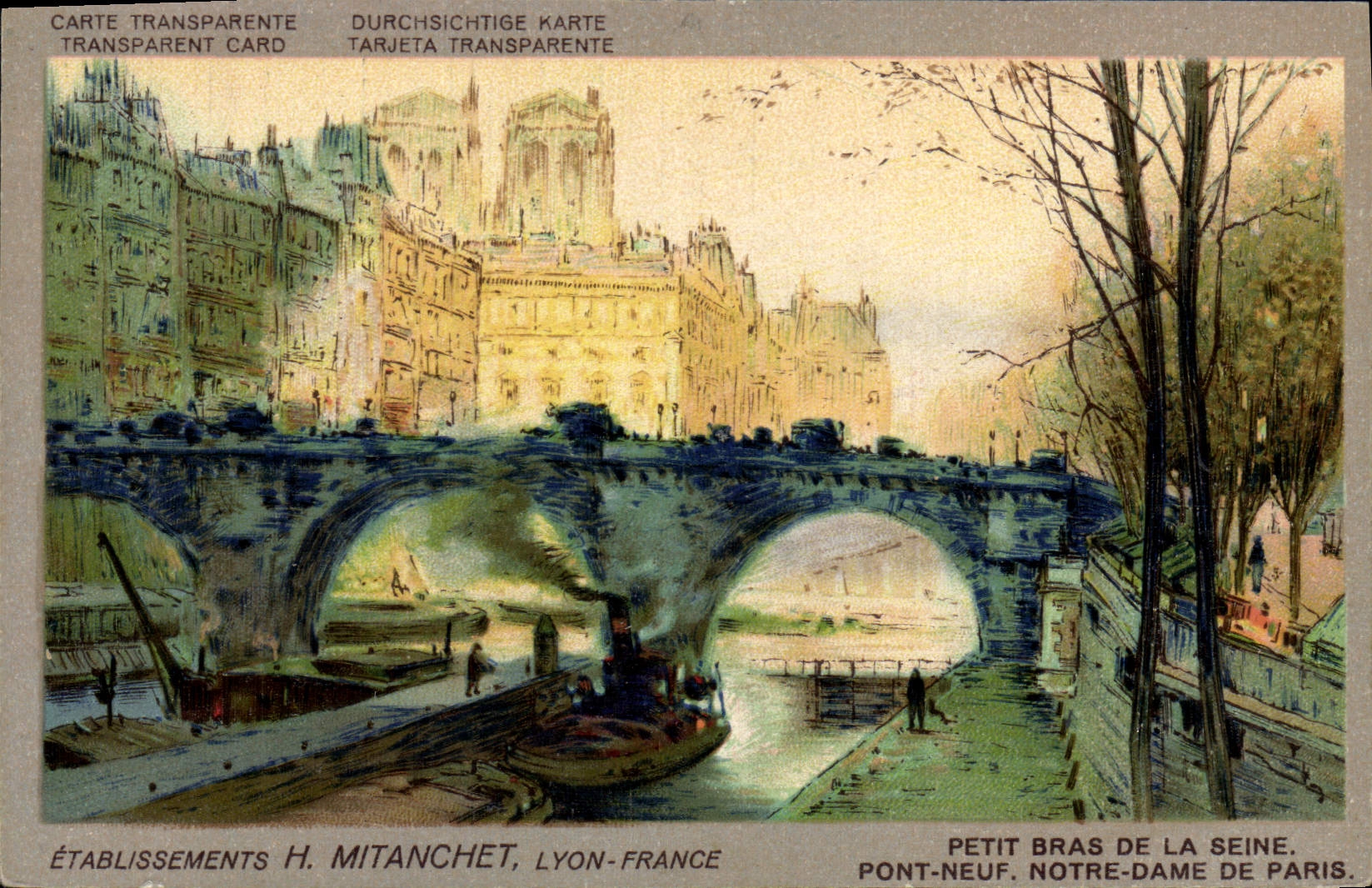CPA Fantaisie Carte transparente Petit Bras de la Seine Pont Neuf Notre Dame de Paris Mitanchet Lyon 