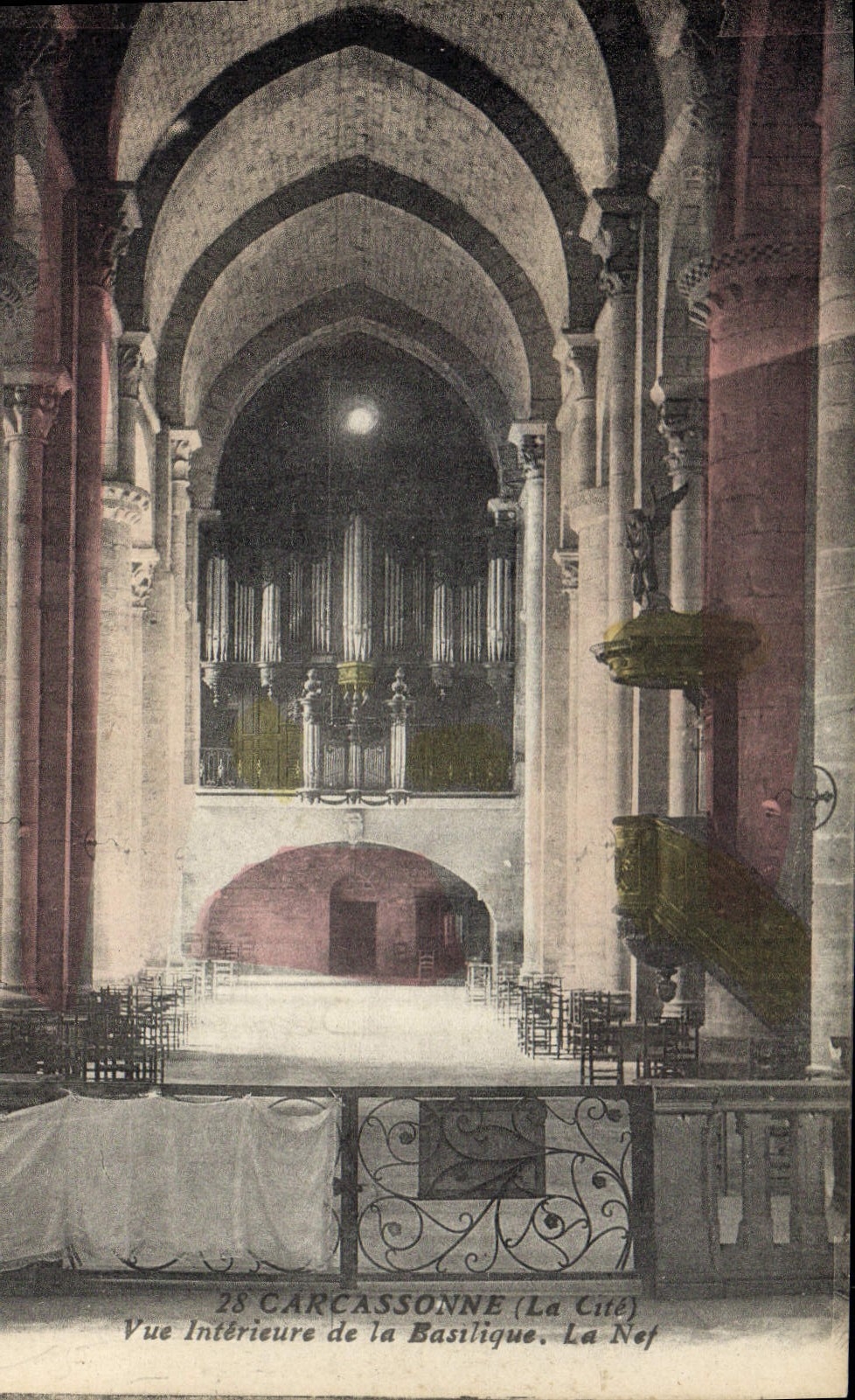 Postal Órgano Carcasona la CINE Vista interior de la basílica la Nave