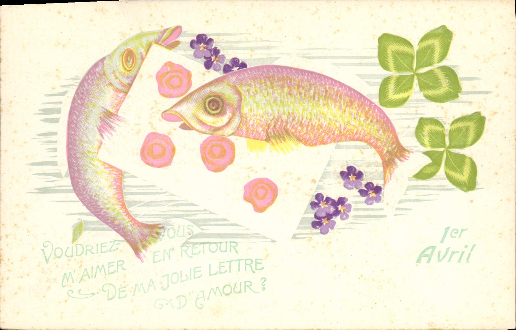 CPA Fantaisie Fleurs Poissons Trefles 1er Avril