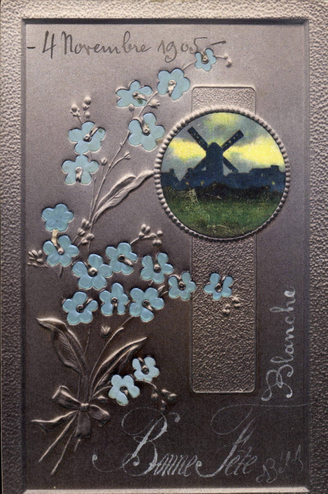 CPA Fantaisie Fleurs Moulin a vent