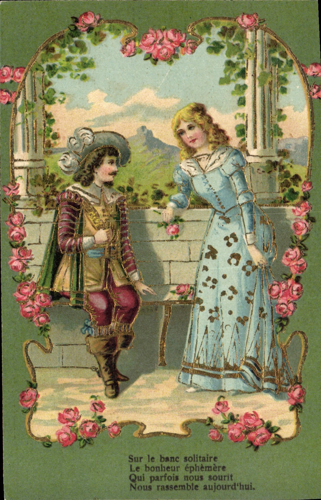 CPA Fantaisie Fleurs Femme Mousquetaire