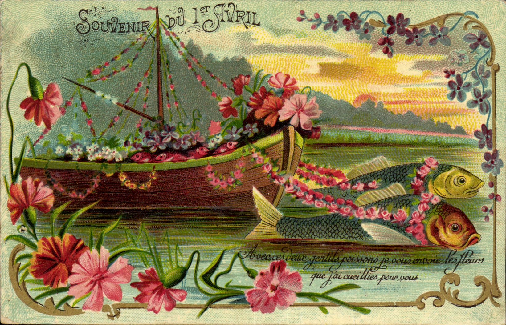 CPA Fantaisie Fleurs Poissons Bateau