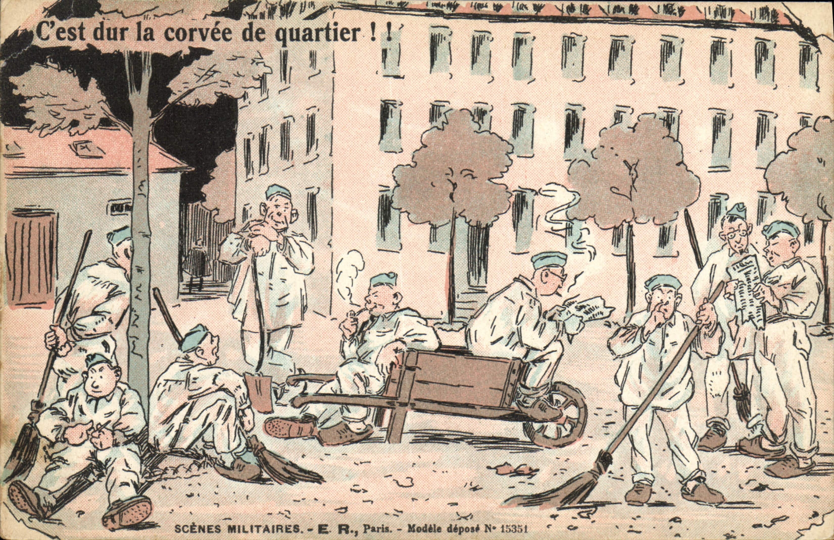 CPA Brouette C'est dur la corvee de quartier Militaria