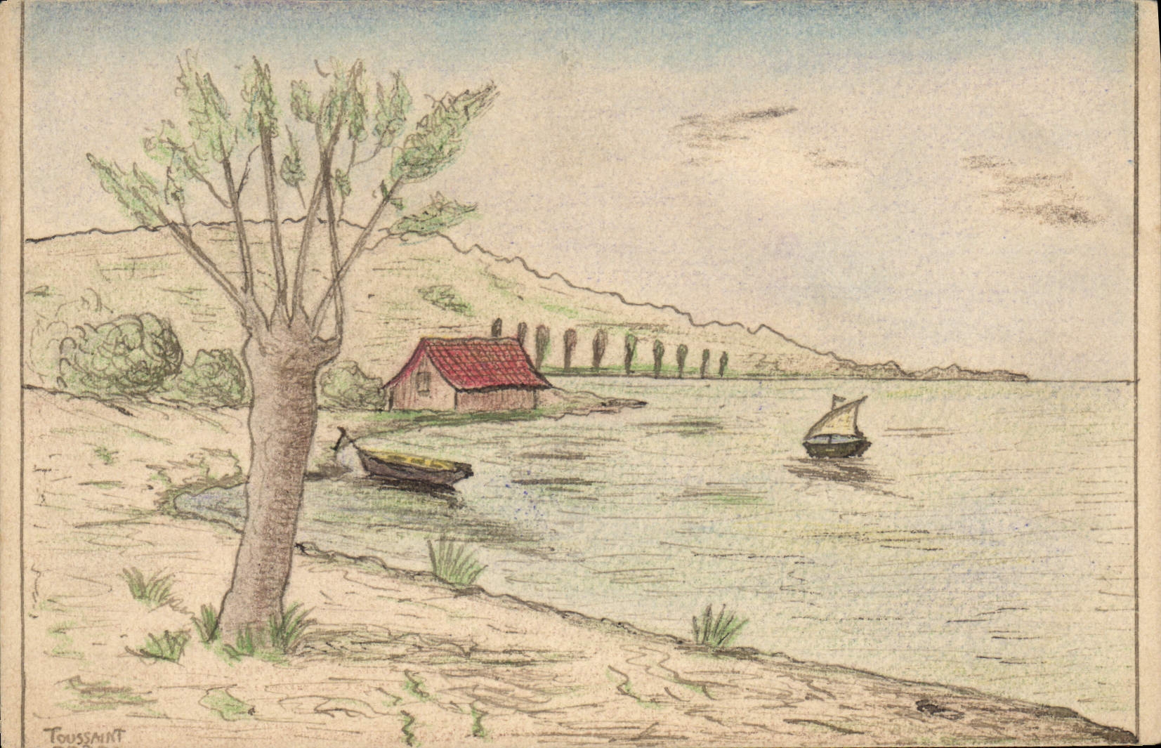 CPA Fantaisie (dessin a la main) Paysage Arbre Bateau