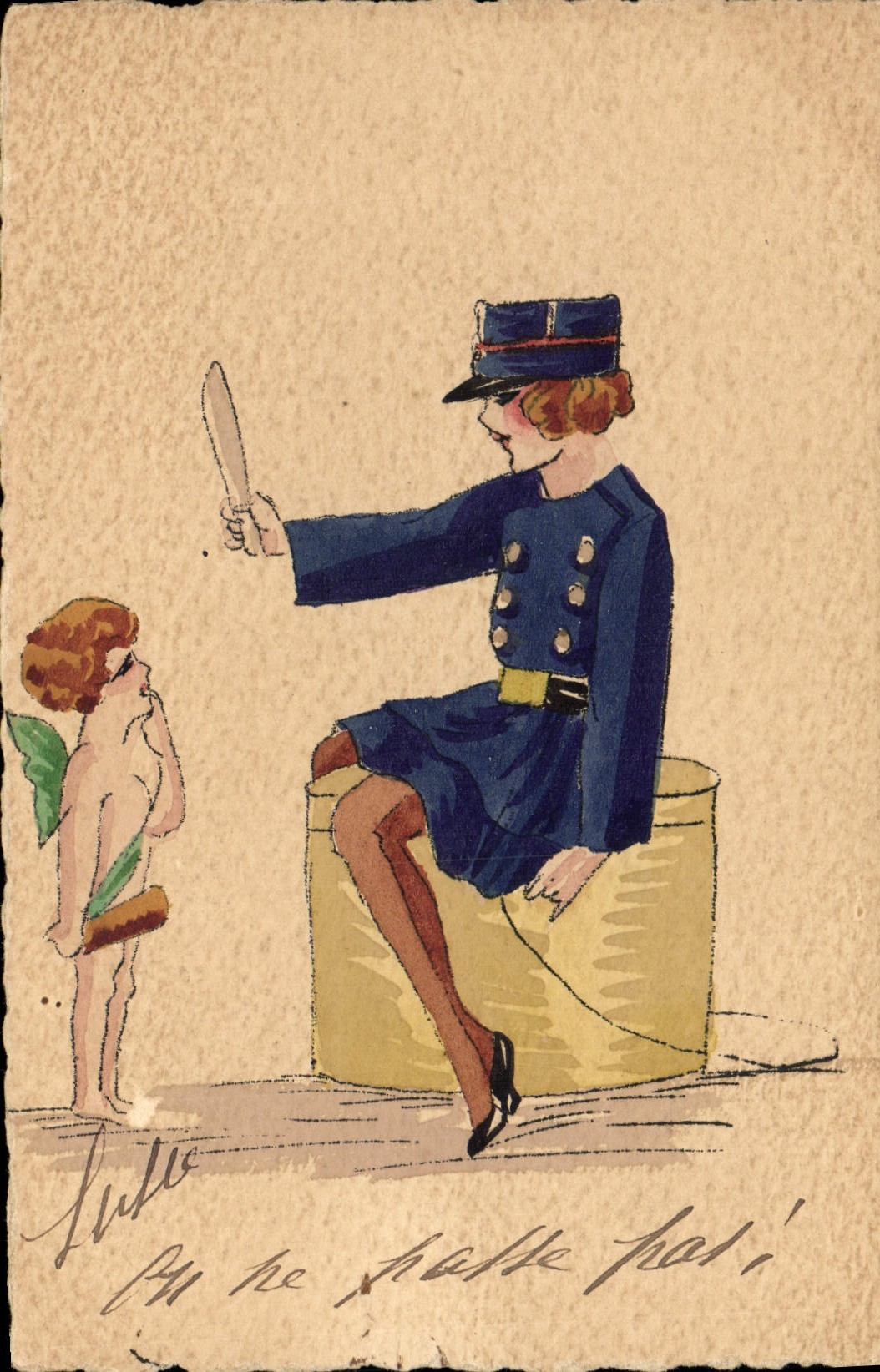 CPA Fantaisie (dessin a la main) Femme Ange Policier Police Gendarme