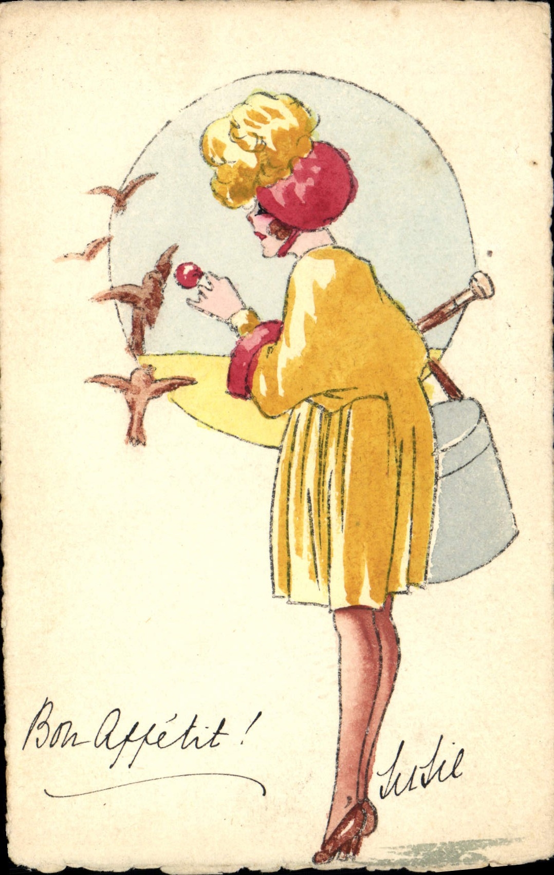 CPA Fantaisie (dessin a la main) Femme Oiseaux