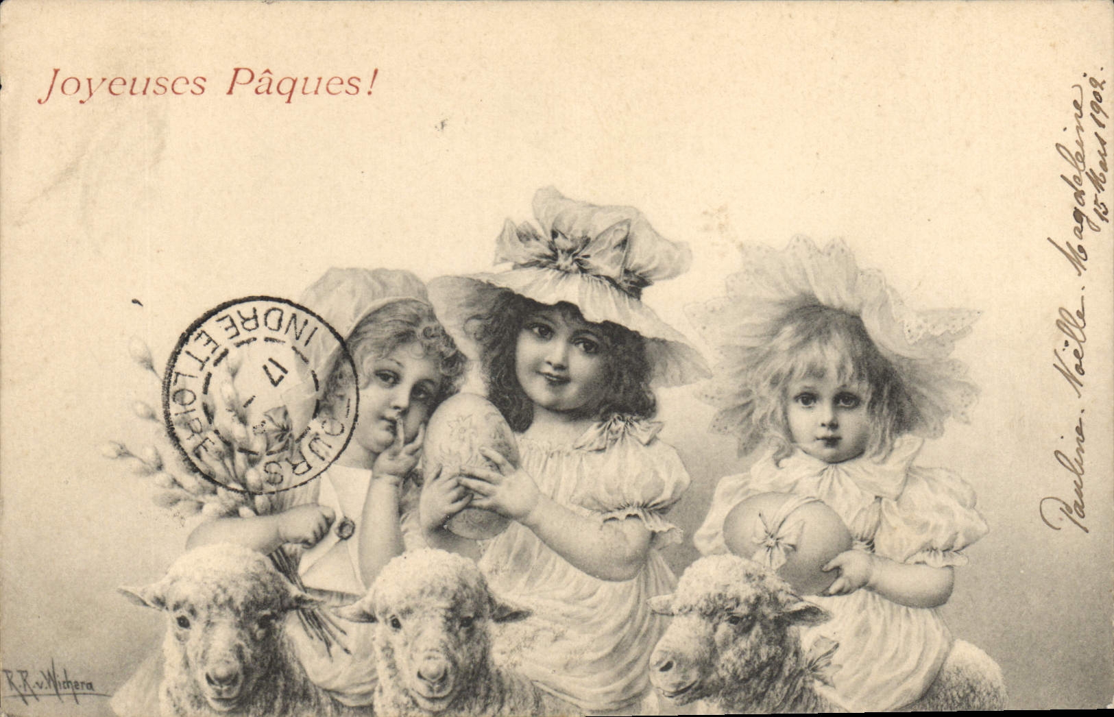 CPA Fantaisie Enfants Paques Agneaux 