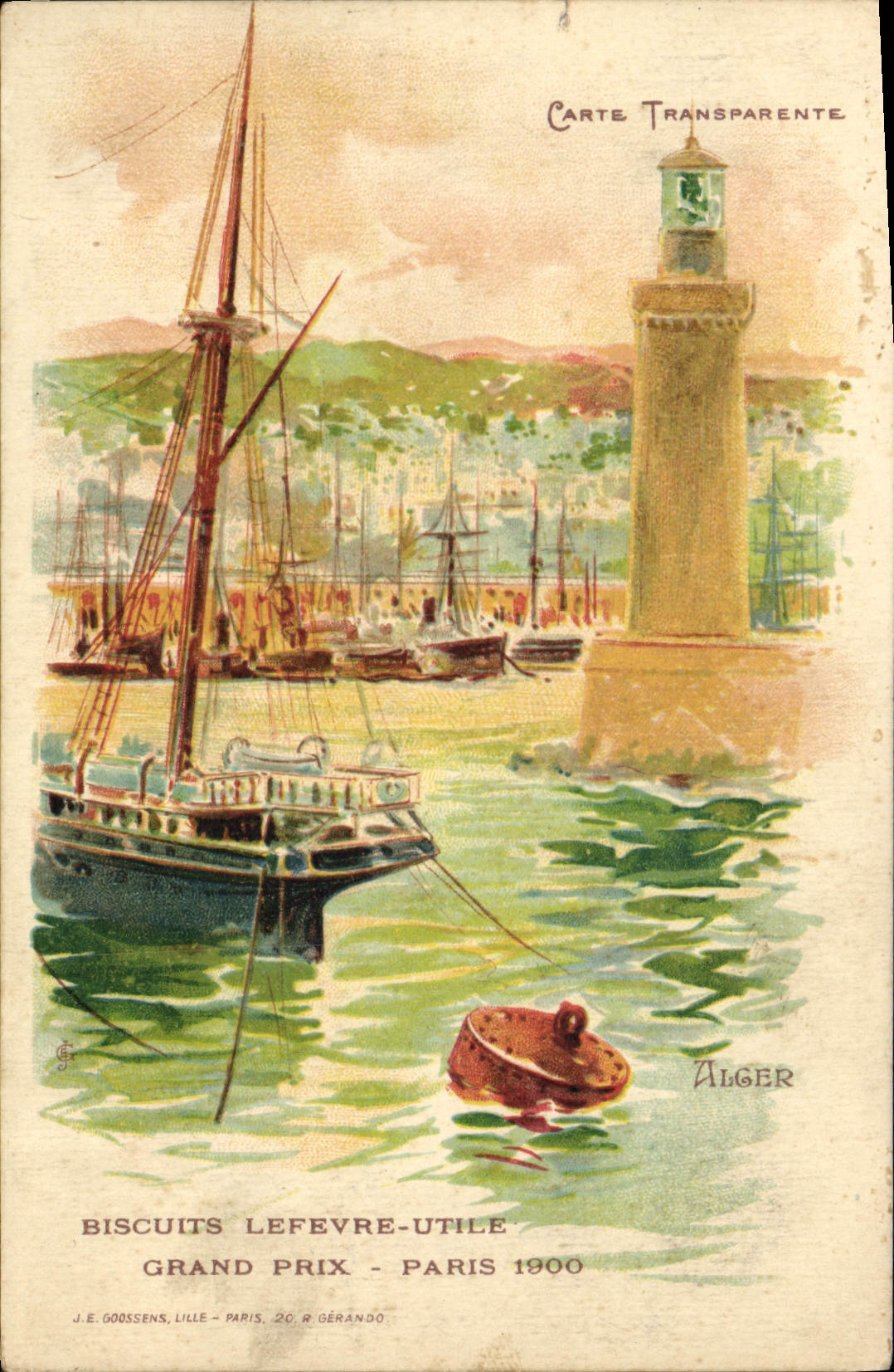 CPA Carte transparente Grand Prix Biscuits Lefevre Utile Grand Prix Phare Bateau de peche Alger Algerie