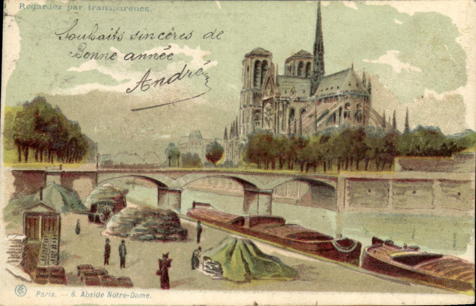 CPA Carte transparente Paris Abside Notre Dame Peniches Bateaux 