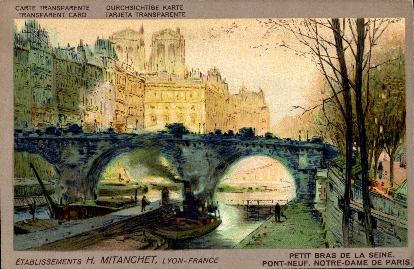 CPA Carte transparente Paris Etablissements Mitanchet Petit bras de la Seine Pont Neuf Notre Dame de Paris