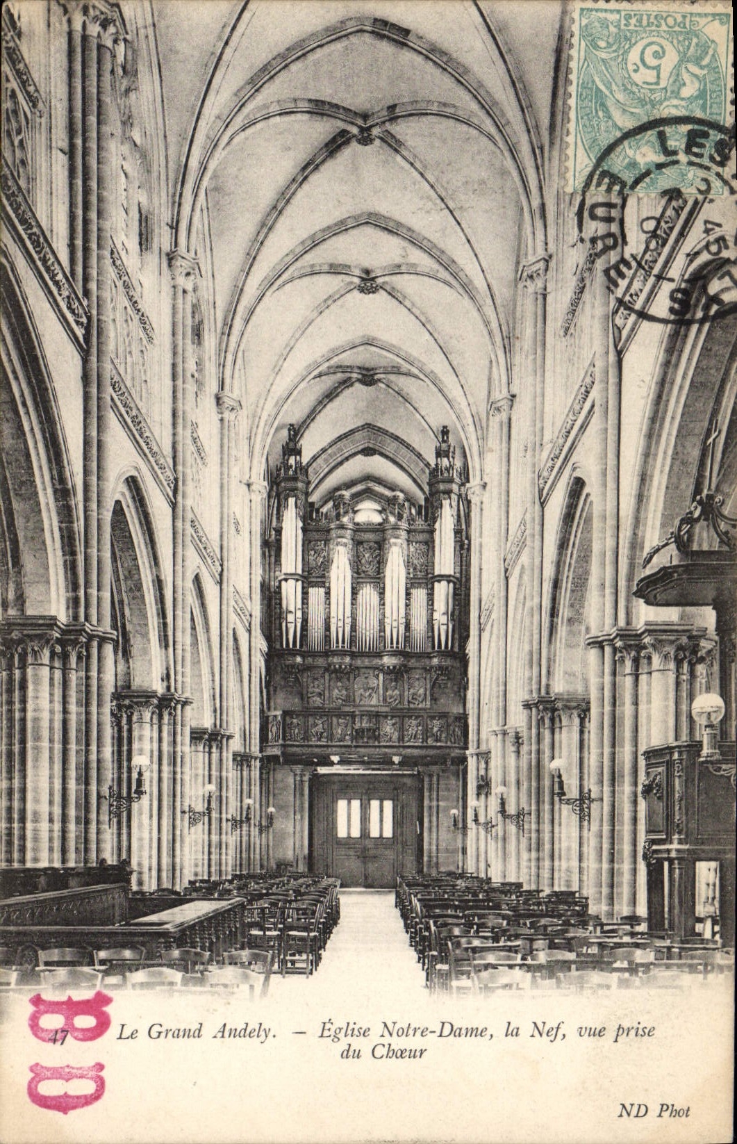 Postal Órgano el gran Andely Iglesia Notre Dame la nave vista toma del coro
