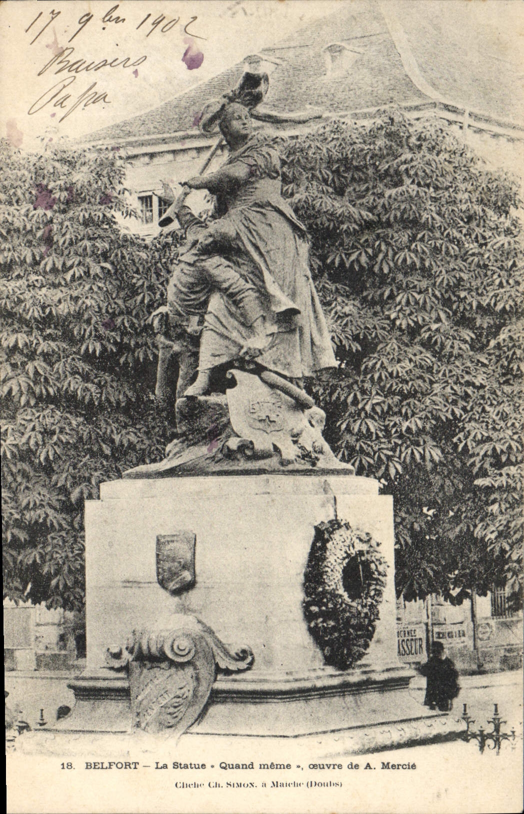 Postal Militaria Belfort la Estatua a pesar de todo trabaja de Mercie