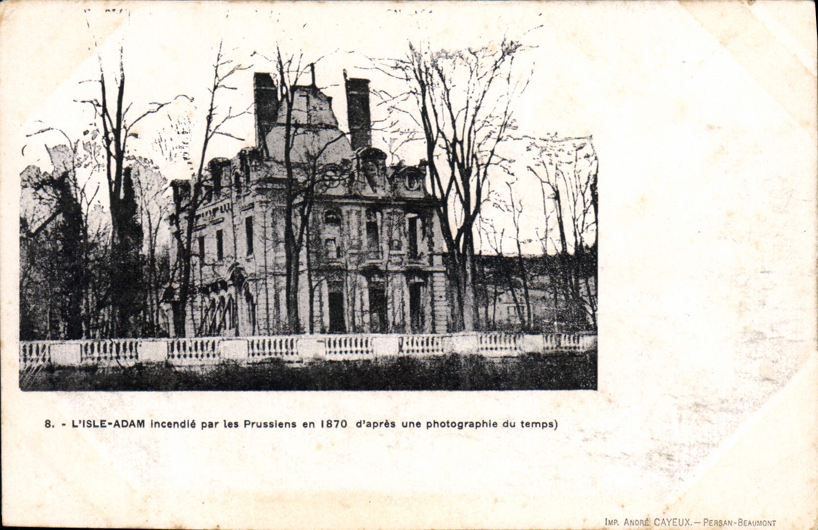 CPA Militaria L'Isle Adam incendie par les Prussiens en 1870