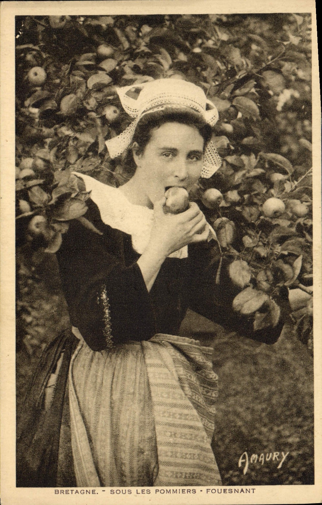 Vintage Postcard Brittany Folklore Under the Fouesnant apple trees