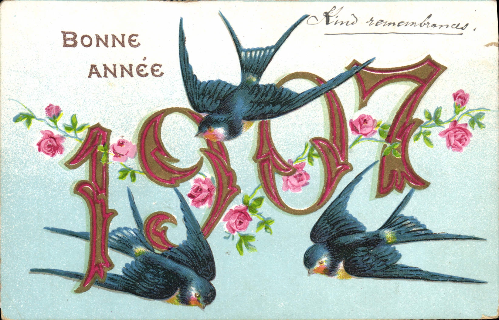 CPA Fantaisie Fleurs Hirondelles Annee 1907