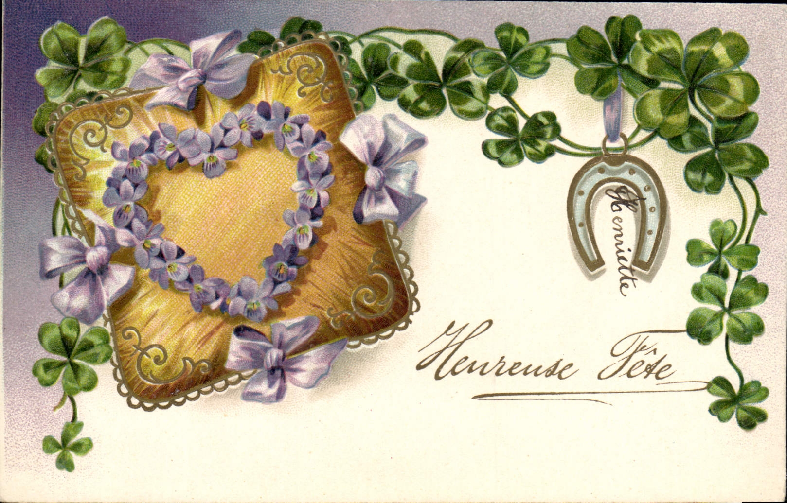 CPA Fantaisie Fleurs Fer a cheval Trefles