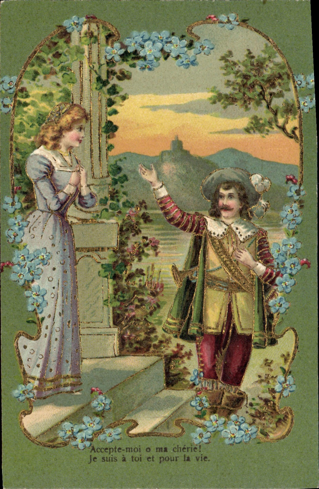 CPA Fantaisie Fleurs Femme Mousquetaire