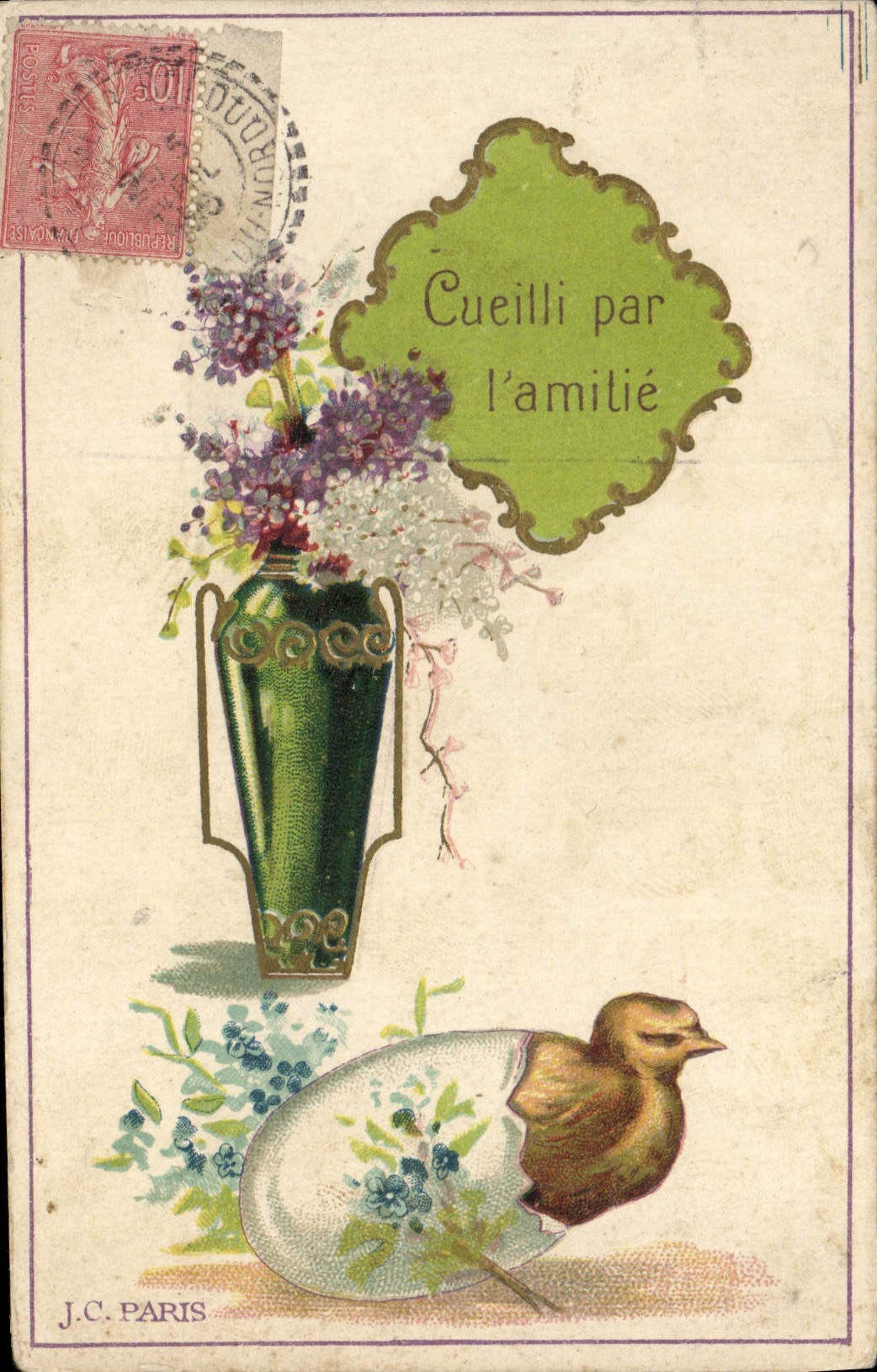 CPA Fantaisie Fleurs Poussin Oeuf