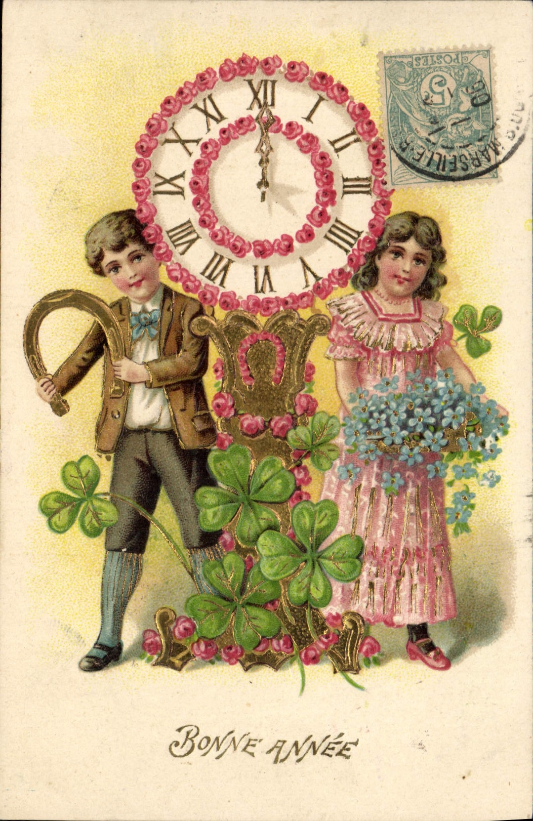 CPA Fantaisie Fleurs Enfants Horloge Trefles