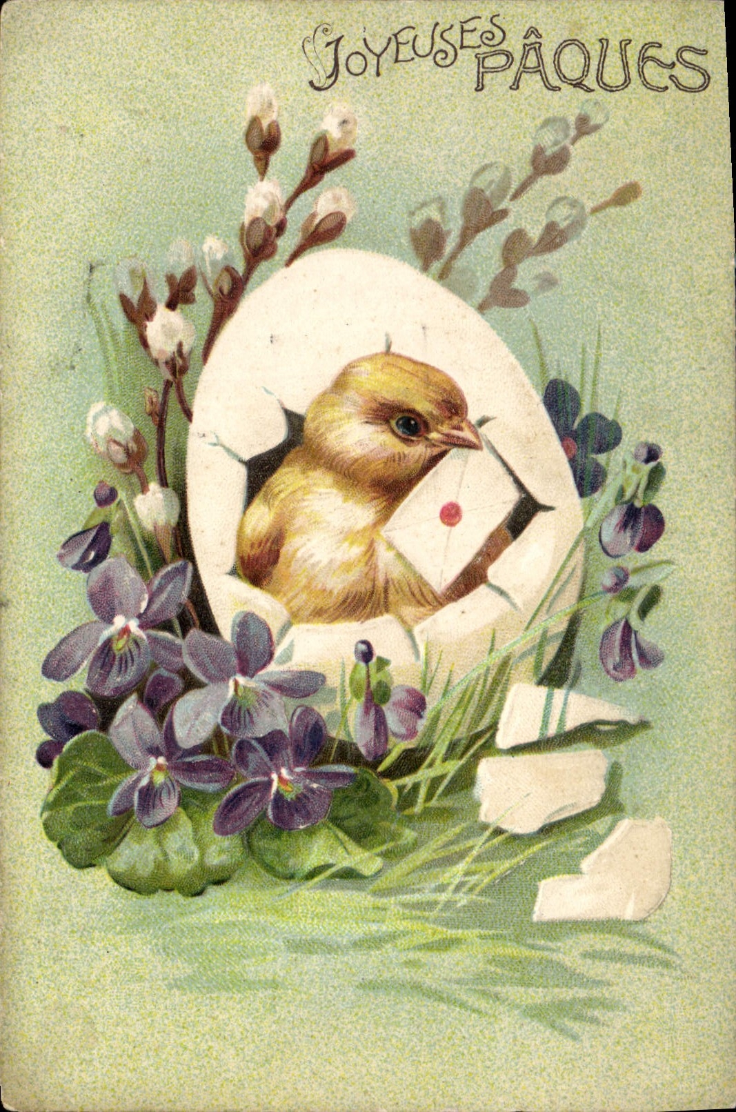CPA Fantaisie Fleurs Poussin Oeuf Paques
