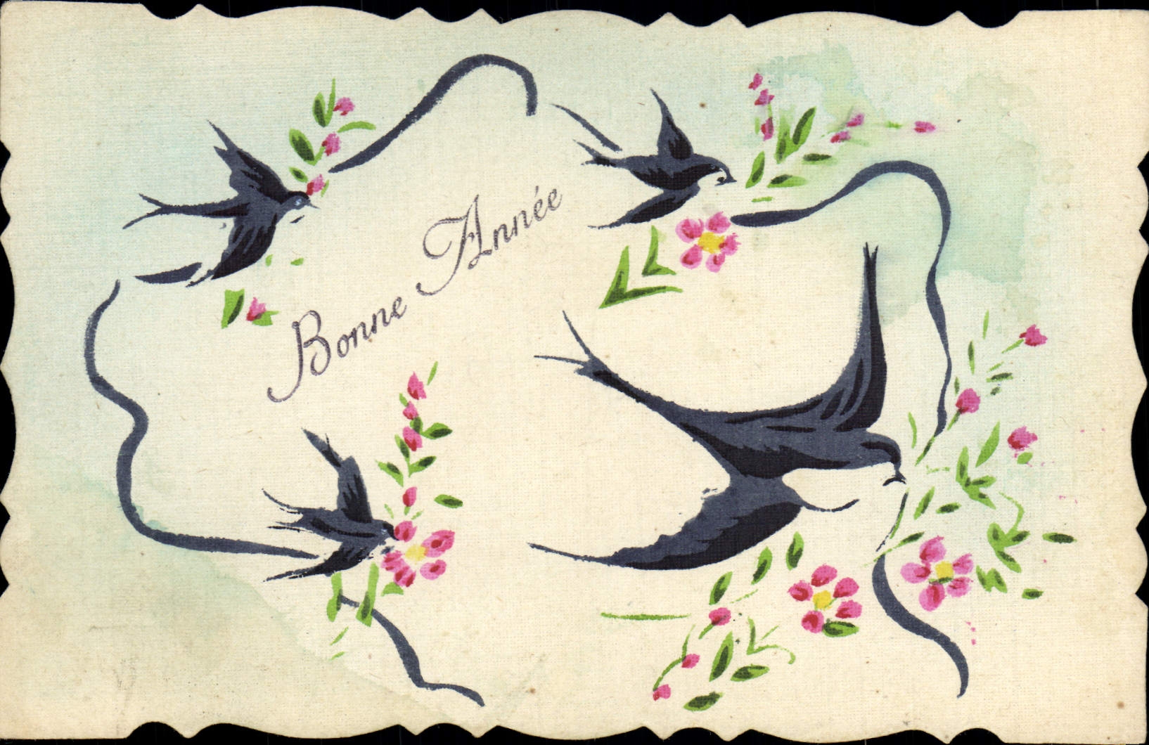 CPA Fantaisie Fleurs (dessin a la main) Hirondelles