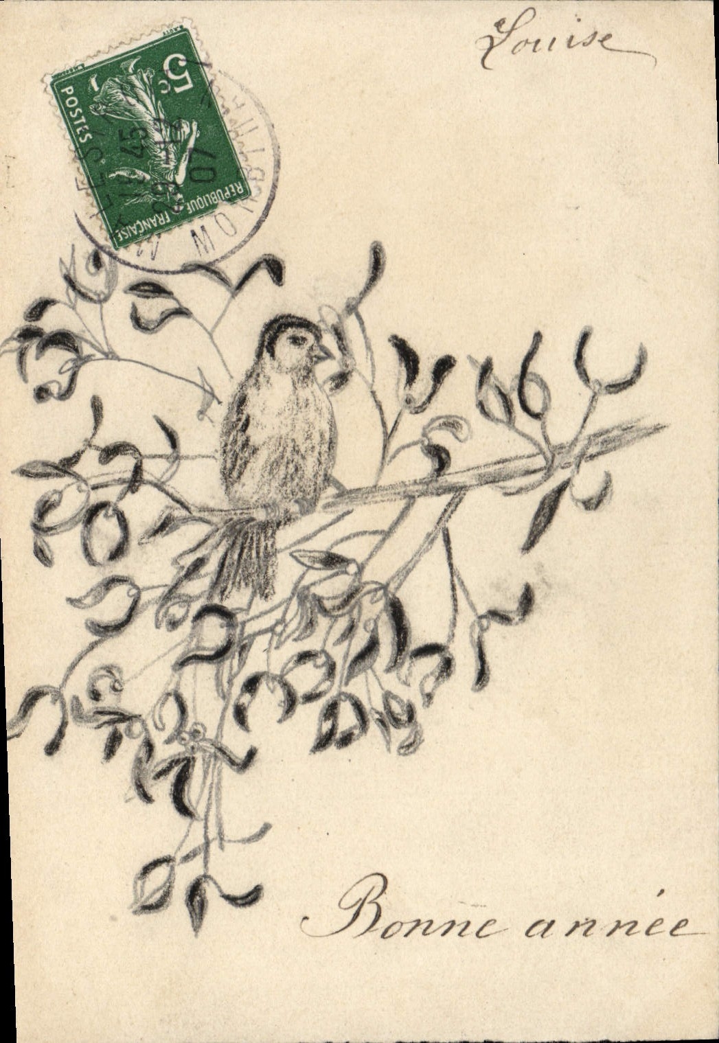 Vintage Postcard Fantasy Flowers Bird (drawing has the hand)