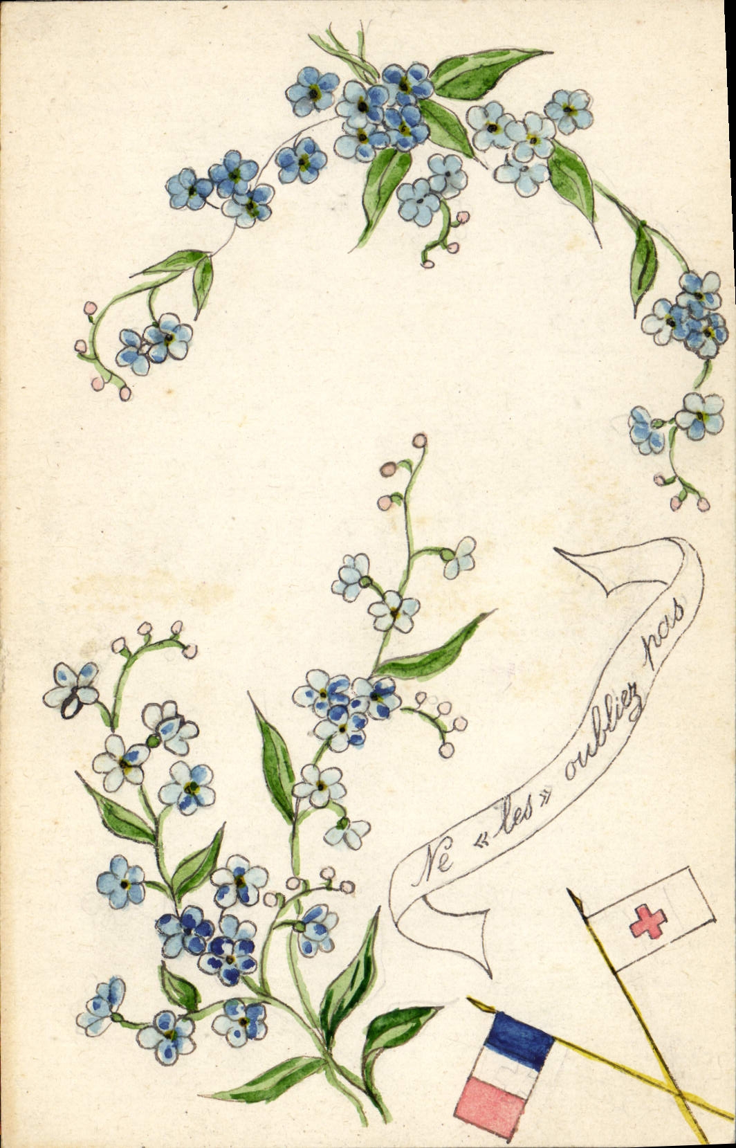 CPA Fantaisie Fleurs Drapeaux France Croix Rouge(dessin a la main)