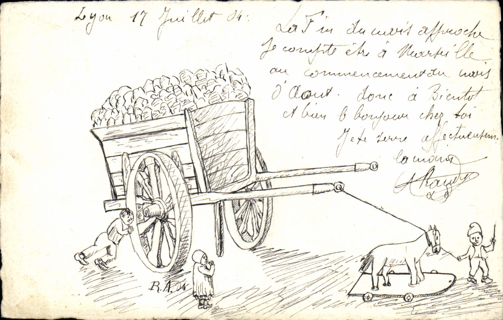 Vintage Postcard Fantasy Cart Children Horse (drawing has the hand)