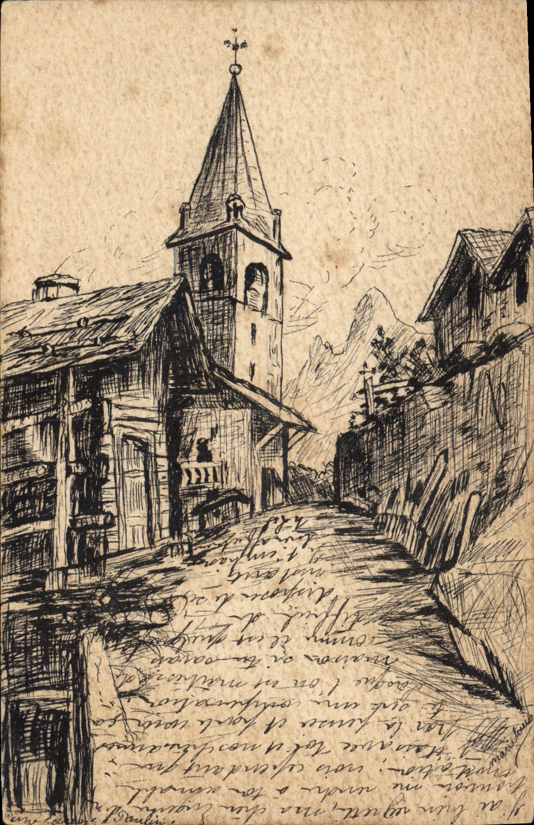 Vintage Postcard Fantasy Bell-tower (drawing has the hand)