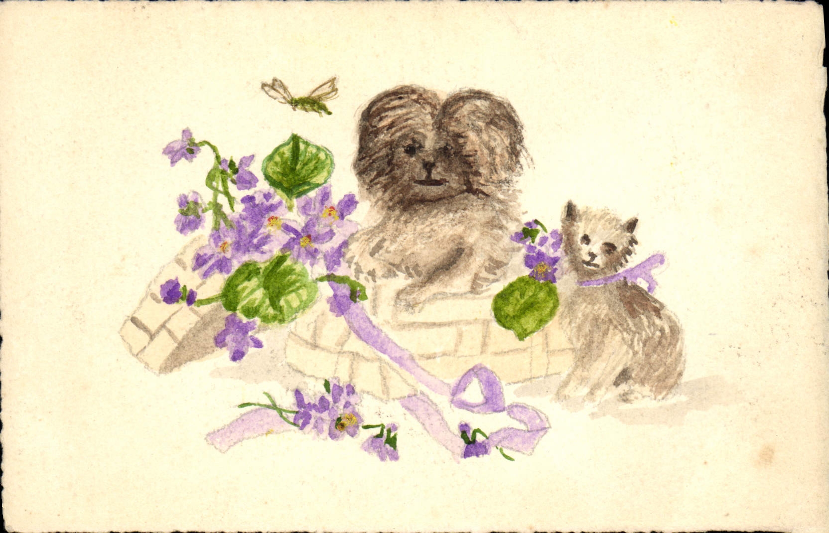 CPA Fantaisie Fleurs Chiens Chien (dessin a la main)