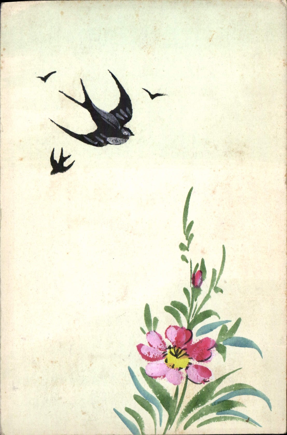 CPA Fantaisie Fleurs Hirondelle (dessin a la main)