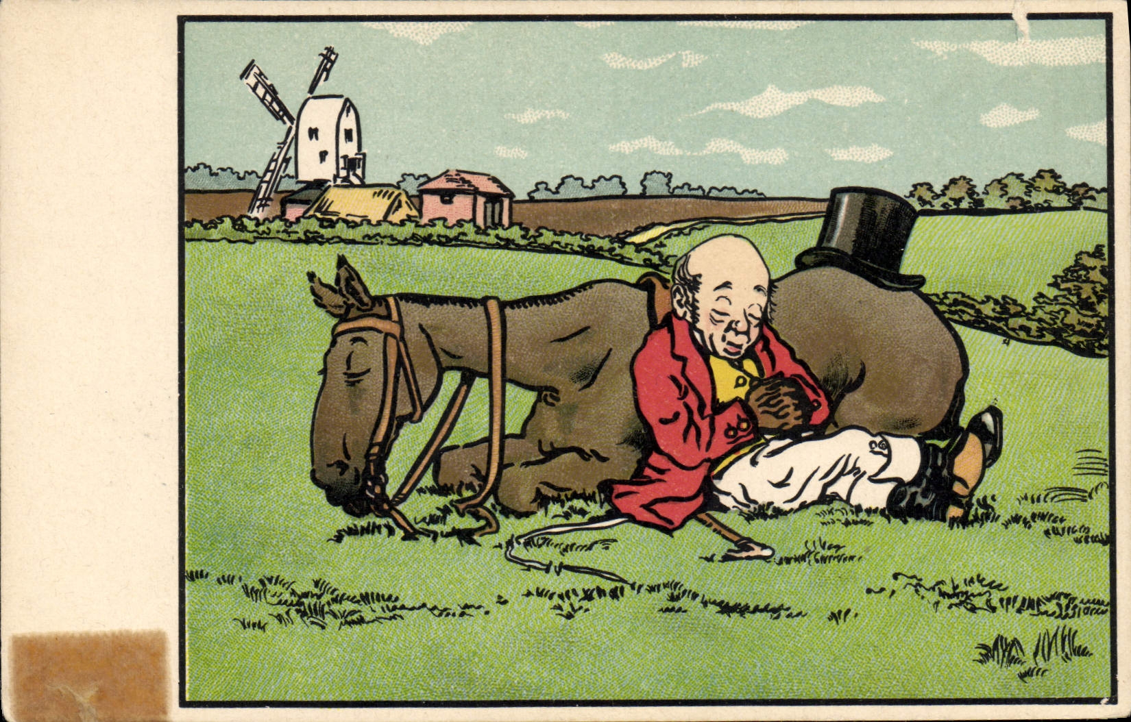 Vintage Postcard Fantaisie Man Windmill Ane