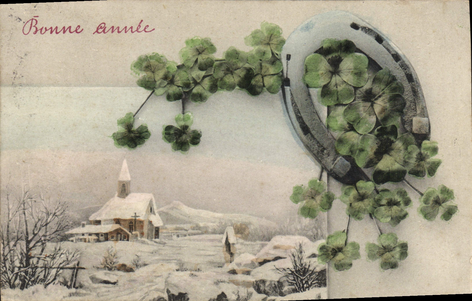 CPA Fantaisie Bonne annee Fer a cheval Trefles 