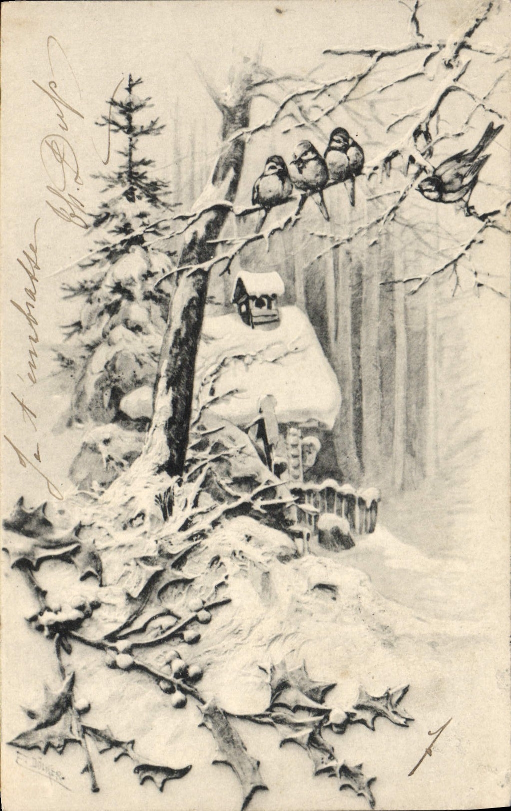 Vintage Postcard Fantasy Happy new year Birds