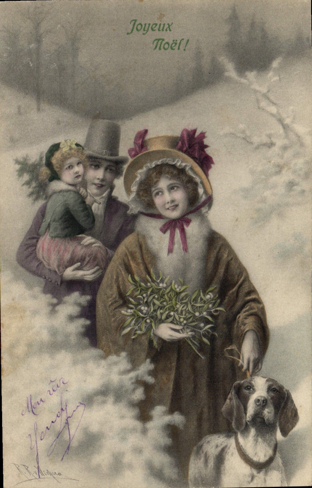 Vintage Postcard Fantasy Woman Dog Christmas
