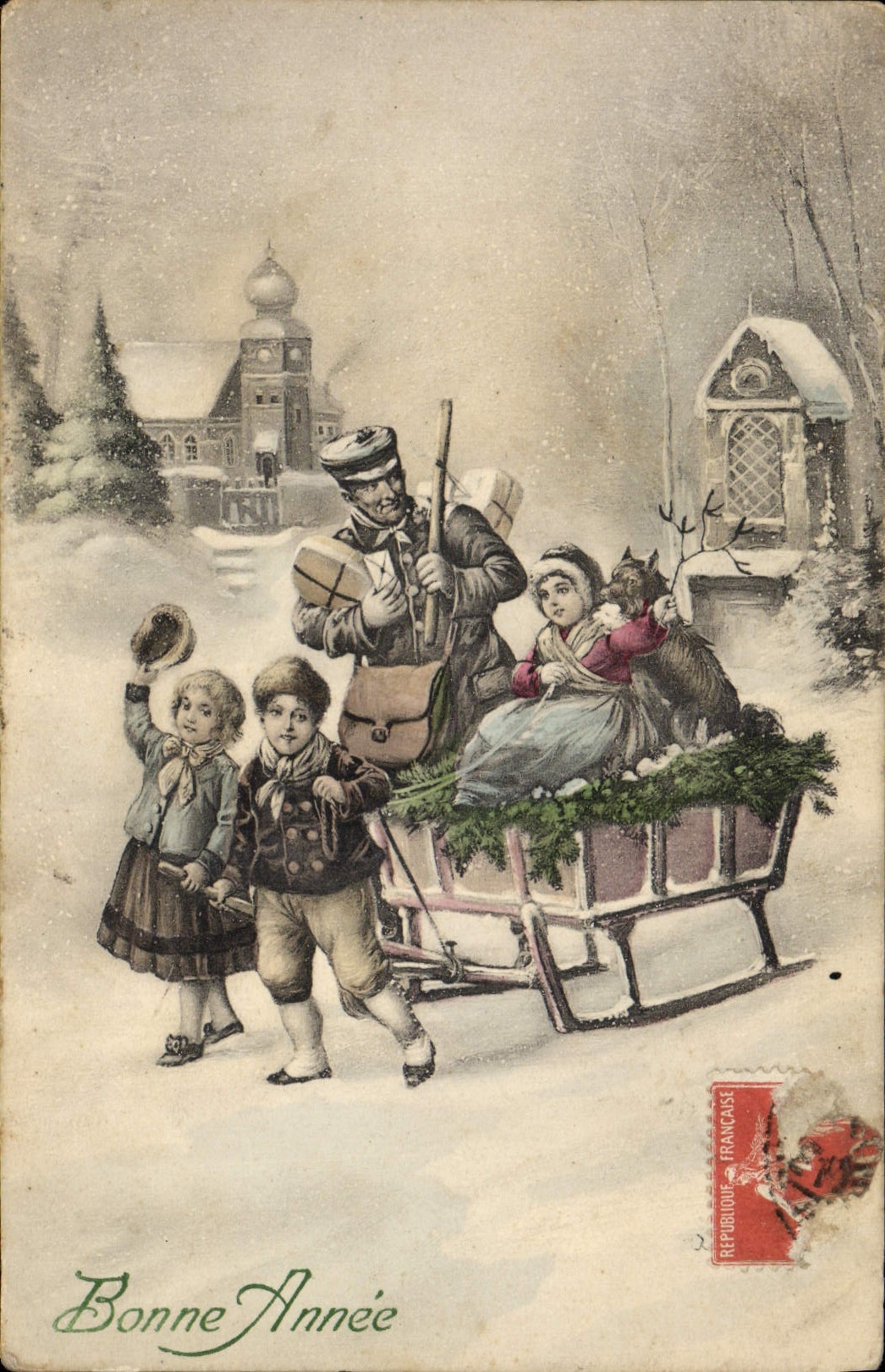 CPA Fantaisie Enfants Traineau Chien 