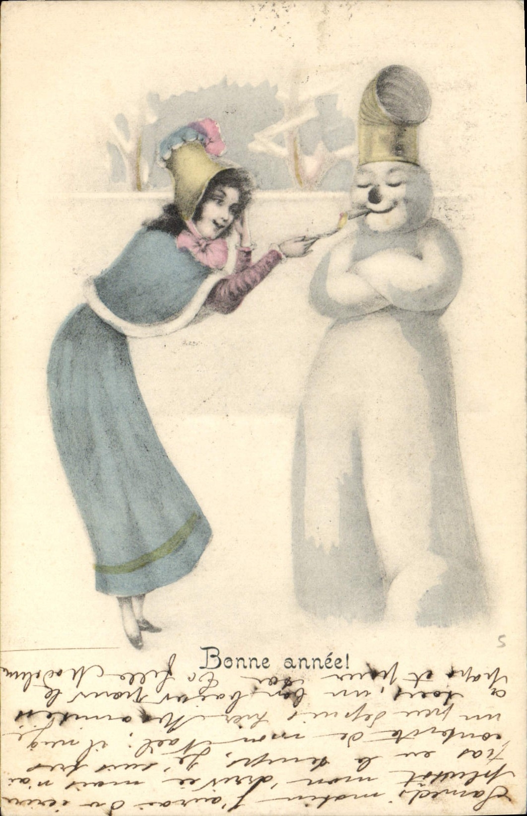 Vintage Postcard Fantasy Woman Snowman