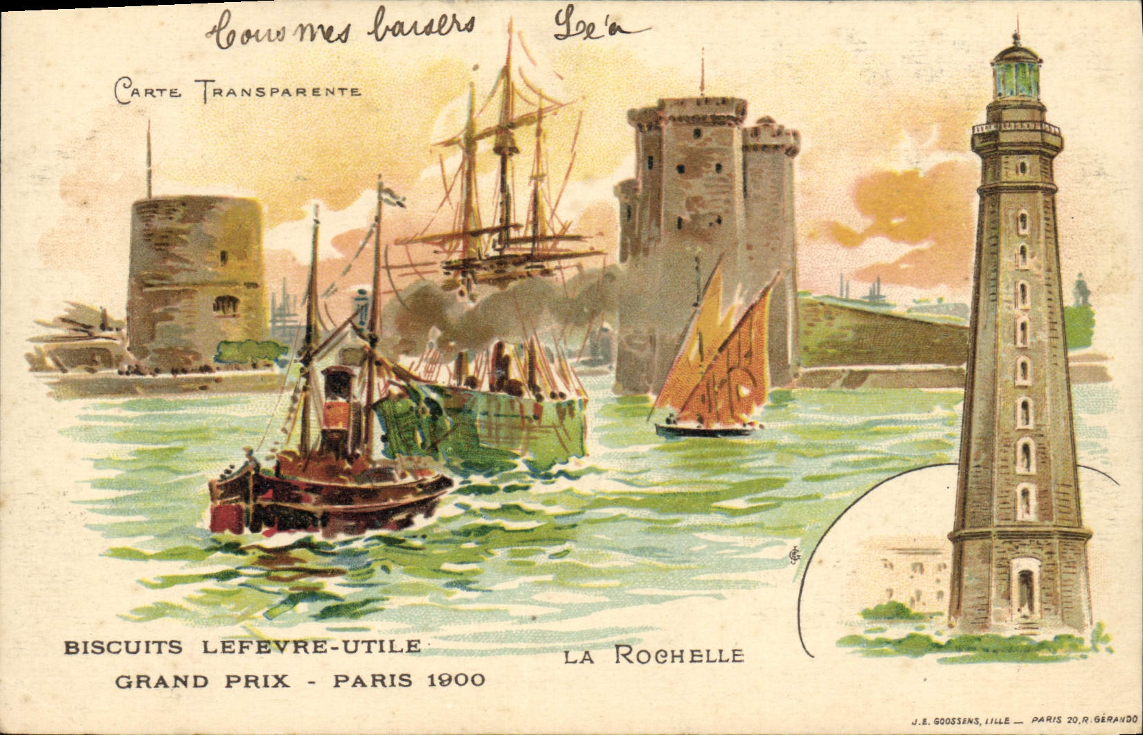 CPA Carte transparente Biscuits Lefevre Utile Grand prix Paris 1900 La rochelle Phare Bateaux