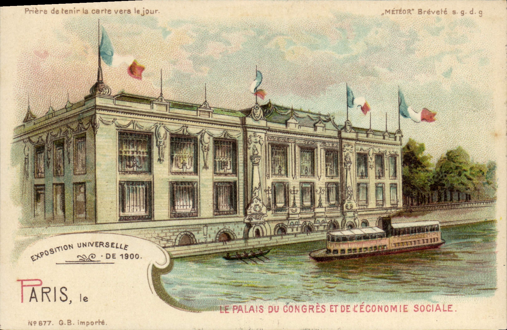 Vintage Postcard transparent Chart Paris World Fair 1900 the palate of Congers and the social economiqe Boat Barge