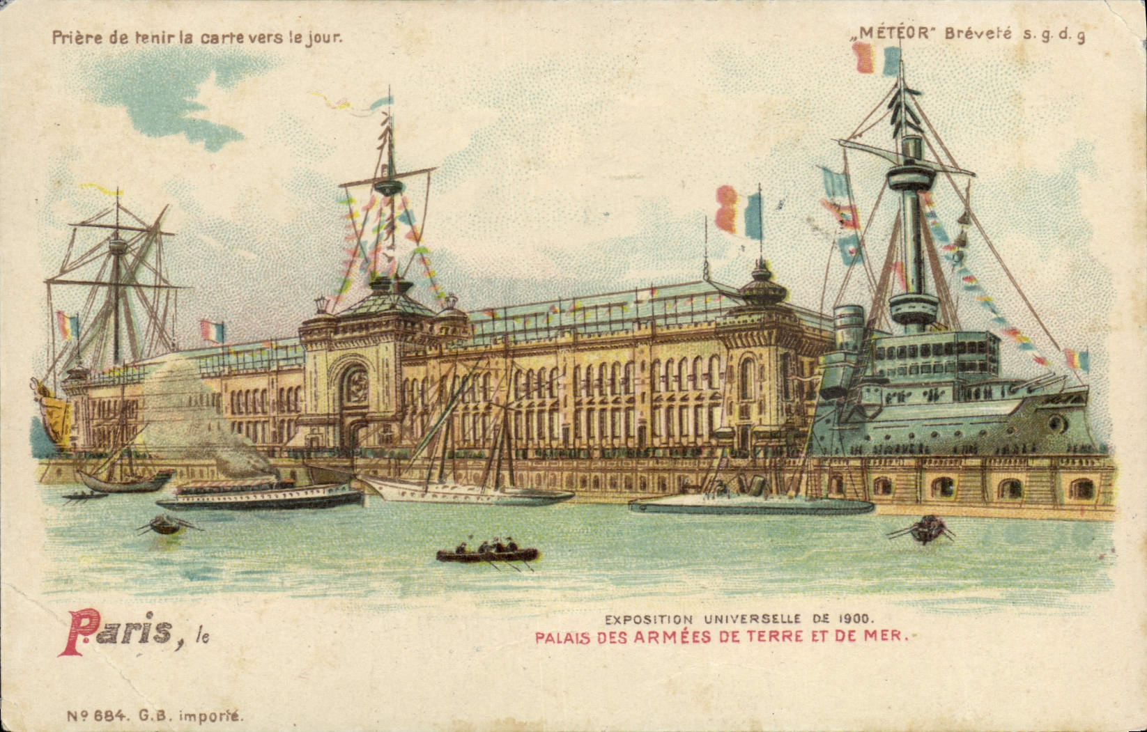 Postal Tarjeta transparente París Exposición Universal 1900 de Palacio de las Armadas de tierra y mar Barco Barcos Paquebote