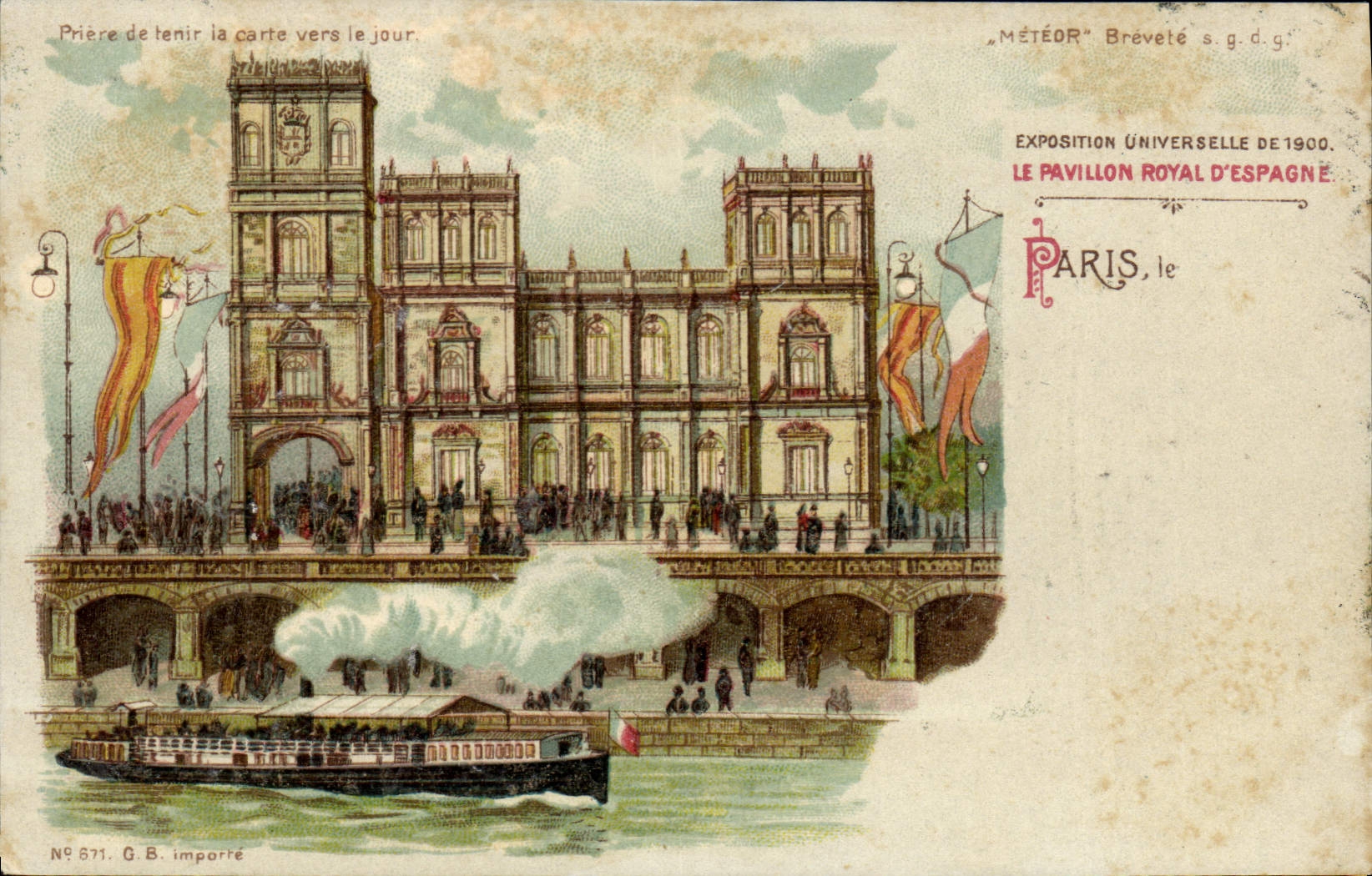 Vintage Postcard transparent Chart Paris World Fair 1900 the Royal House d4espagne Boat